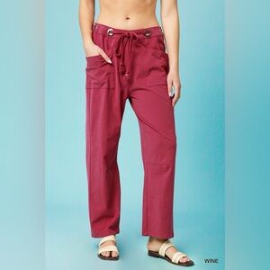 Umgee Red Track Pants with Drawstring Waist and Wide Leg